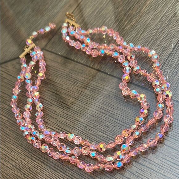 Vintage Jewelry - Vintage Three Strand Pink AB Crystal Necklace - Choker